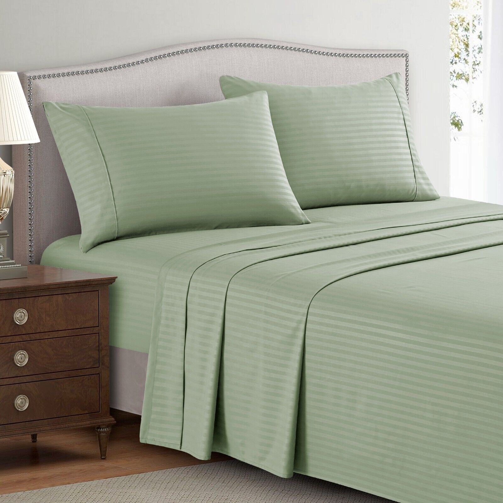 Luxury Strip Satin Bed sheet Set - Sage Green - 99 Bedding Store