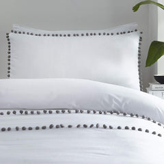 Luxury Cotton Satin Pom Fringe Duvet Cover Set-White With Grey Pom Pom - 99 Bedding Store