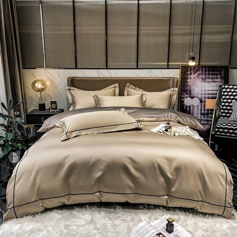 Luxury Cotton Satin Baratta Duvet Cover Set-Beige with Black Baratta Stitch - 99 Bedding Store