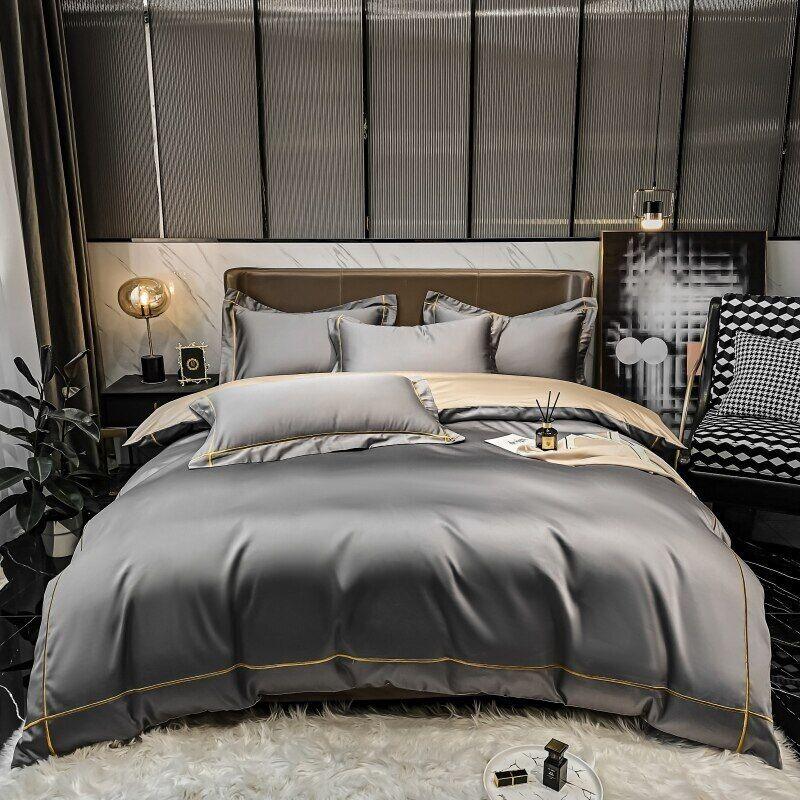 Luxury Cotton Satin Baratta Duvet Cover Set-Grey with Golden Baratta Stitch - 99 Bedding Store