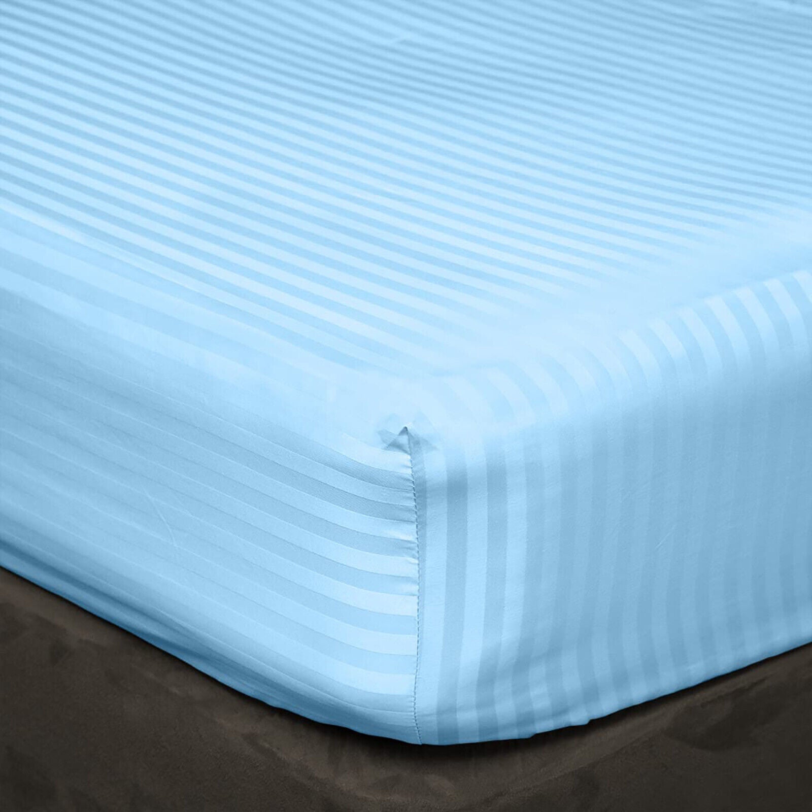 Luxury Egyptian Cotton Satin Strip Fitted Sheet Set - Sky Blue - 99 Bedding Store