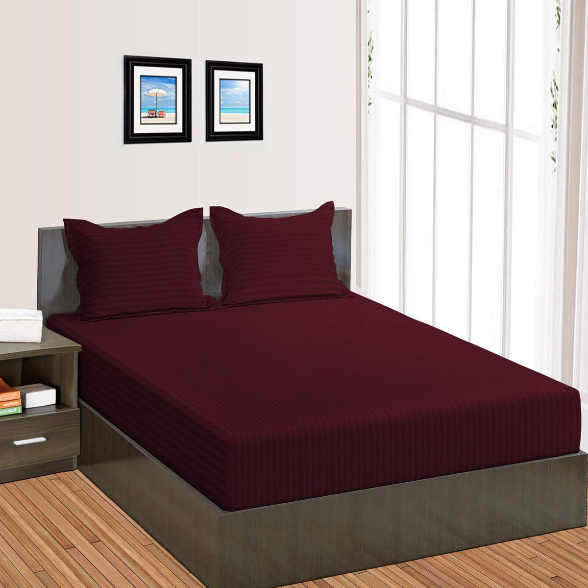 Luxury Egyptian Cotton Satin Strip Fitted Sheet Set - Burgundy - 99 Bedding Store