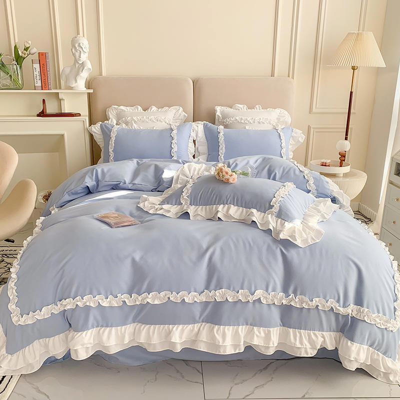 Luxury Cotton Frilled Duvet Set - Light Blue - 99 Bedding Store