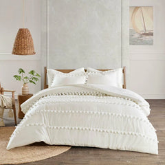 Luxury Cotton Satin Pom Fringe Duvet Cover Set- White And White - 99 Bedding Store