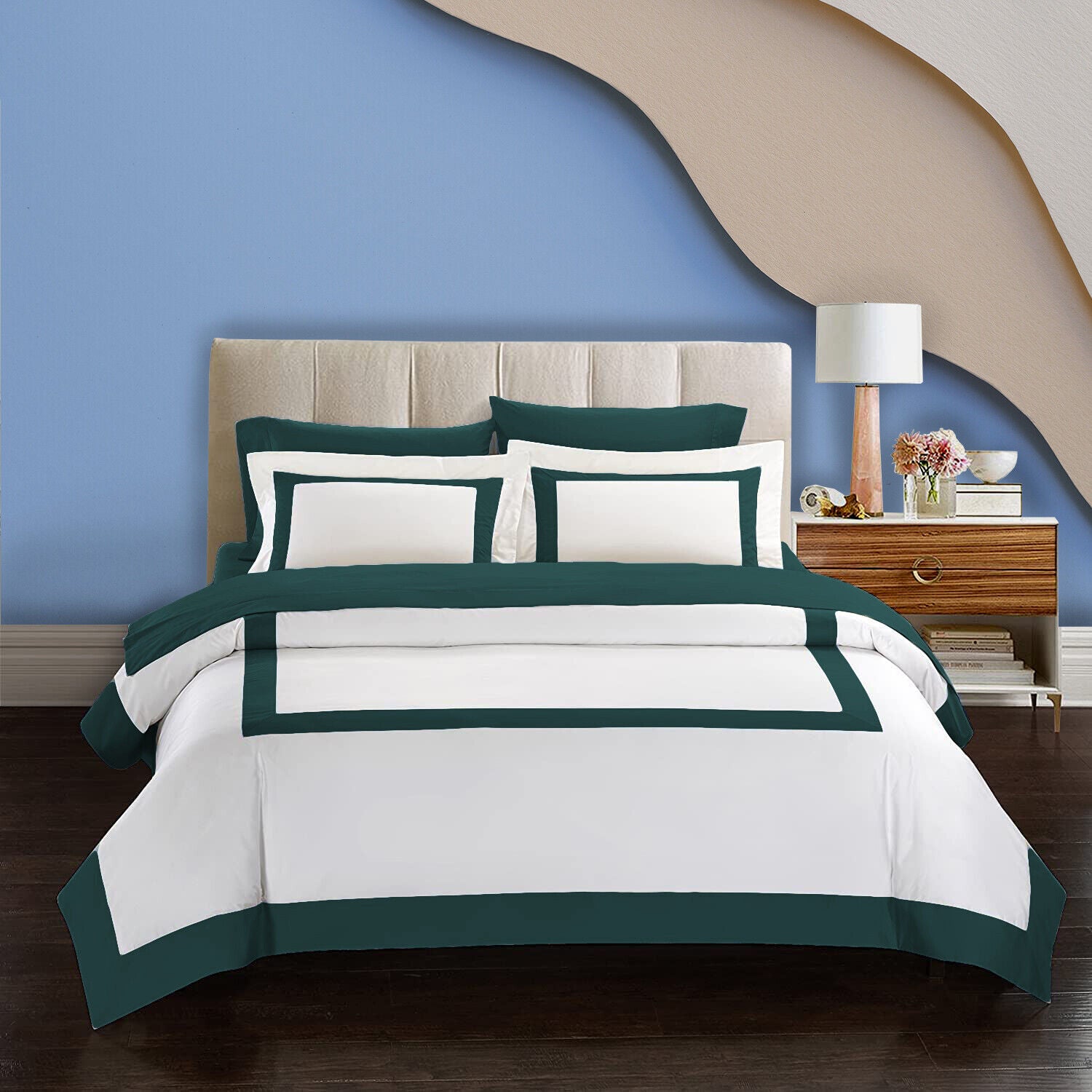 White And Teal Minimal Lux Hotel Style Cotton Satin Duvet Cover Set - 99 Bedding Store