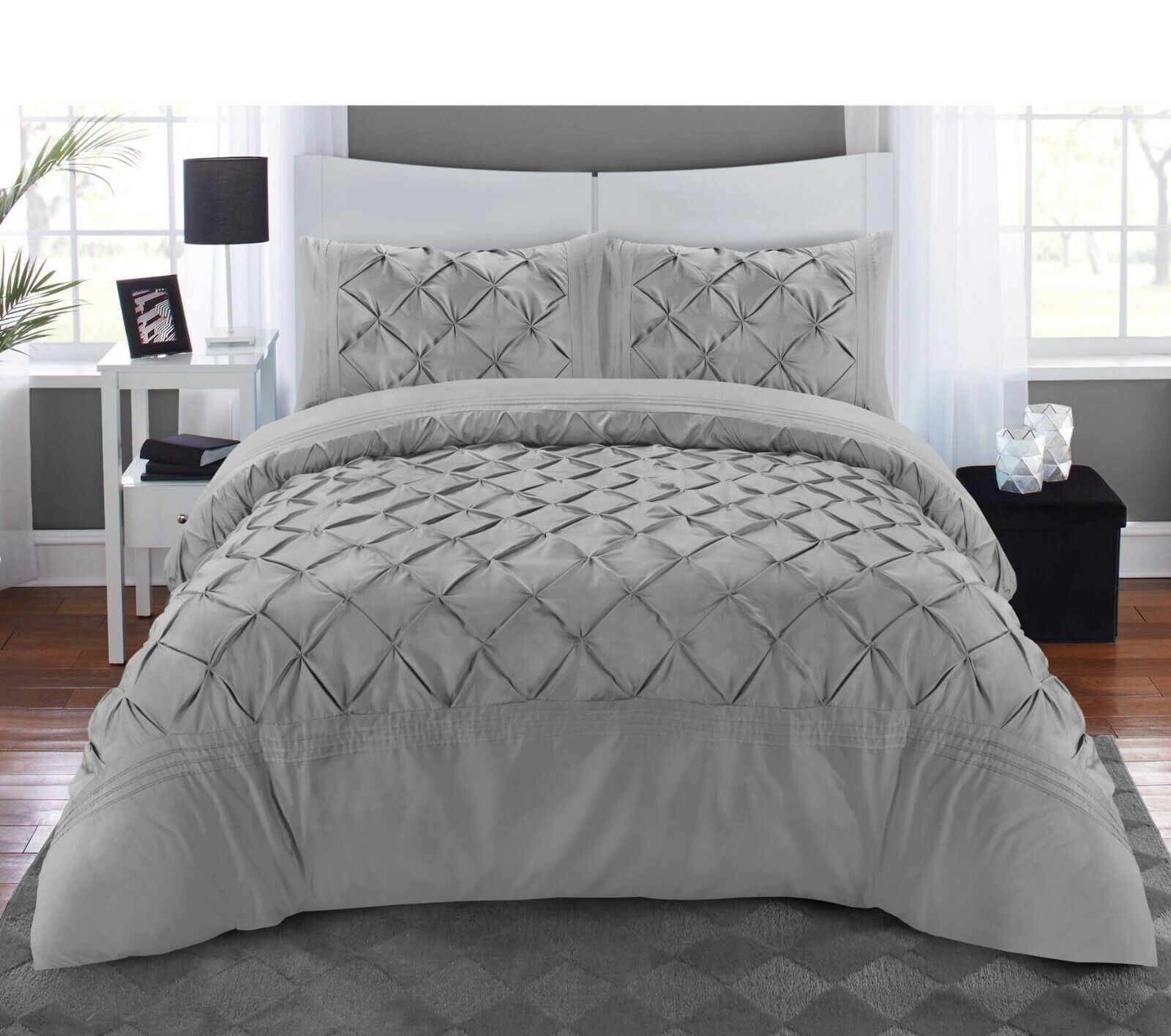 Luxury Satin Pintuck Duvet Cover Set - Silver - 99 Bedding Store