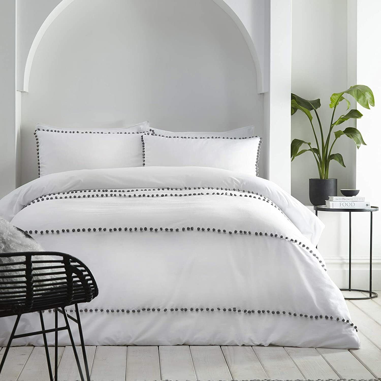 Luxury Cotton Satin Pom Fringe Duvet Cover Set-White With Grey Pom Pom - 99 Bedding Store