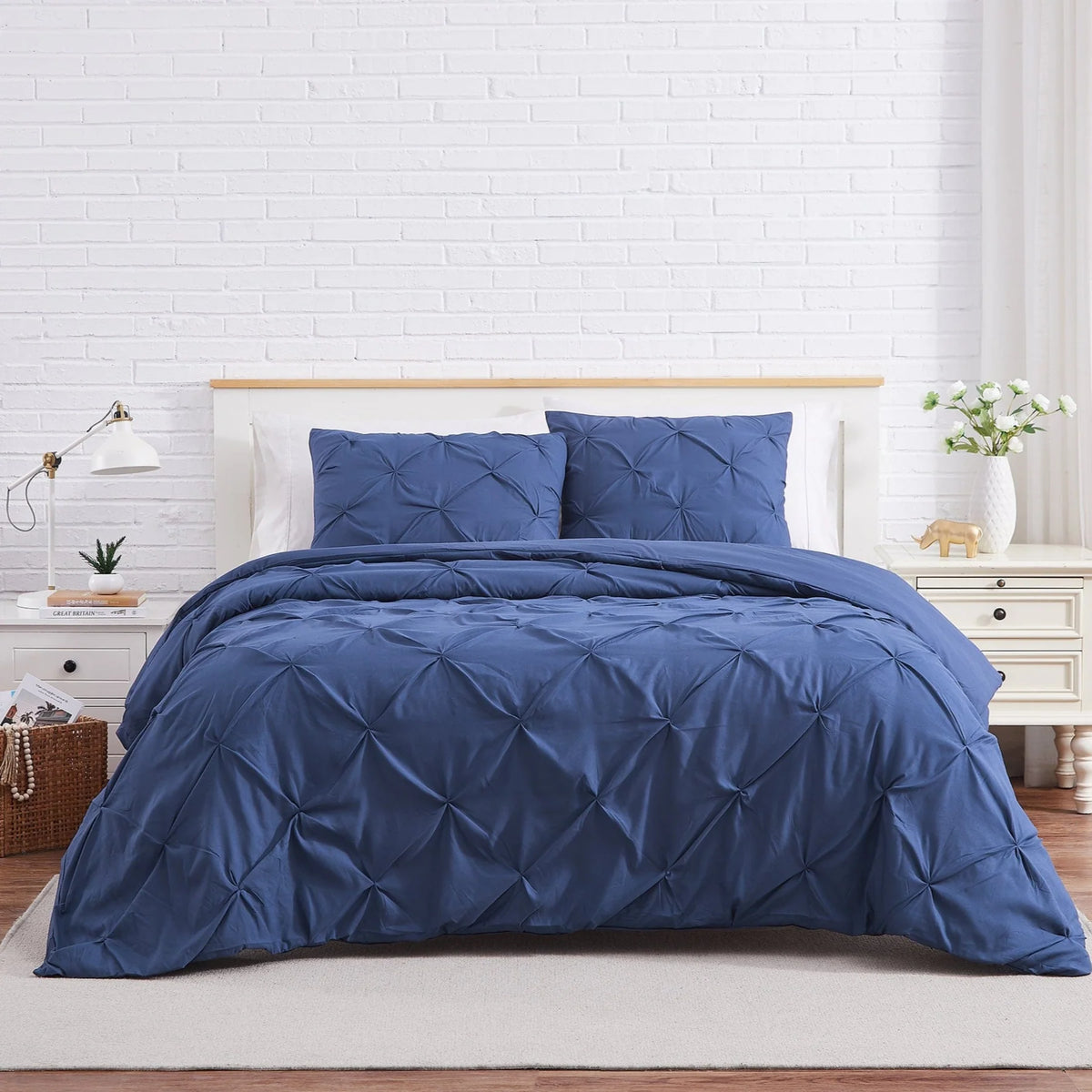 Luxury Cotton Satin Pintuck Duvet Cover Set - Dark Blue - 99 Bedding Store